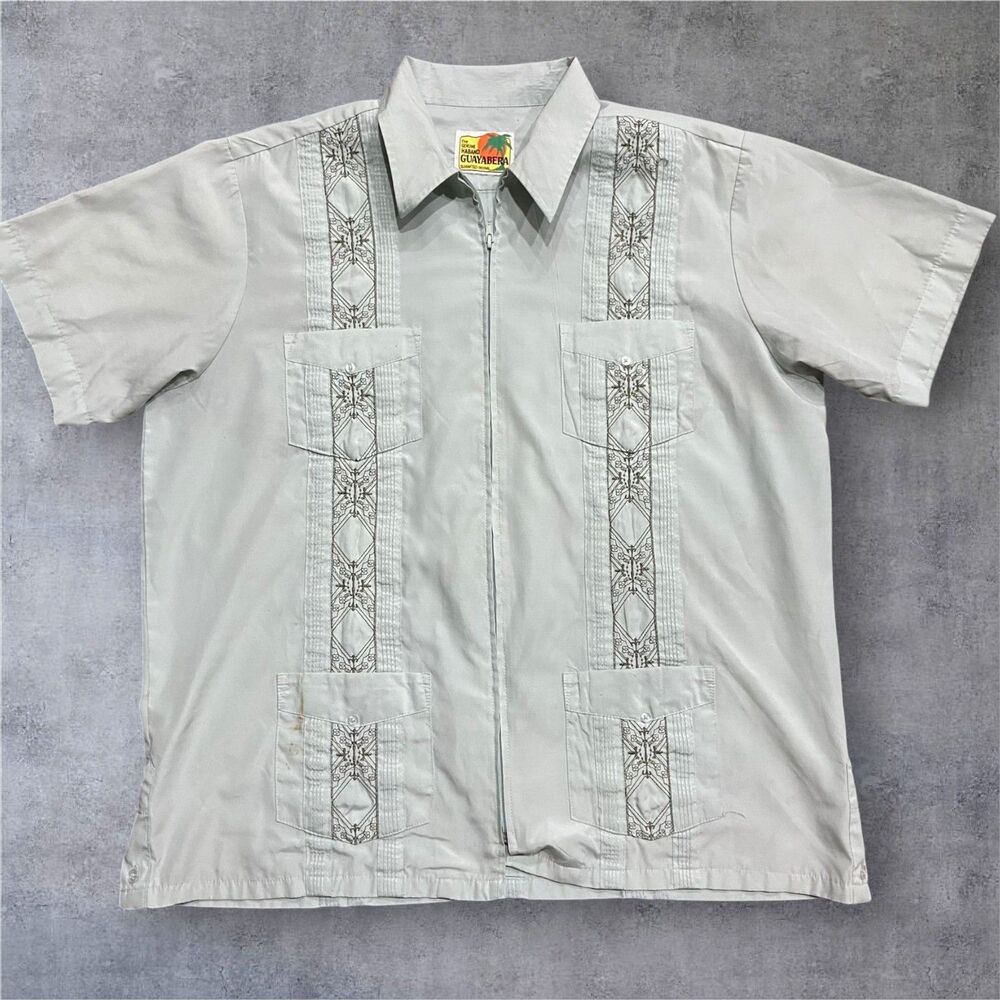 Haband Guayabera Vintage Full Zip Embroidered Quad Pocket Sage Green Shirt XL